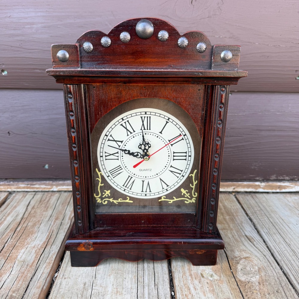 Wood Mantel Clock Hidden Key Box Storage Brown Roman Numerals Vintage Style